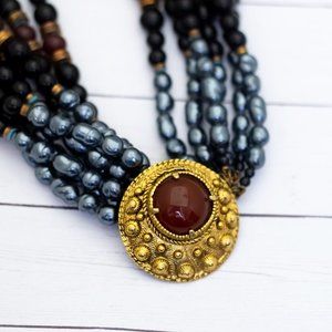 18 inch, Vintage Multicolor Beads Gold Tone Crescent Beaded Necklace - S33